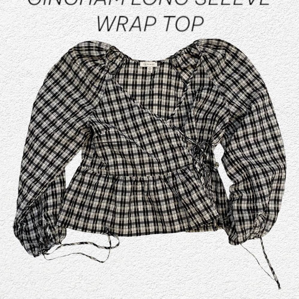 Topshop Black/White Gingham Long Sleeve V Neck Wrap Top Size 8